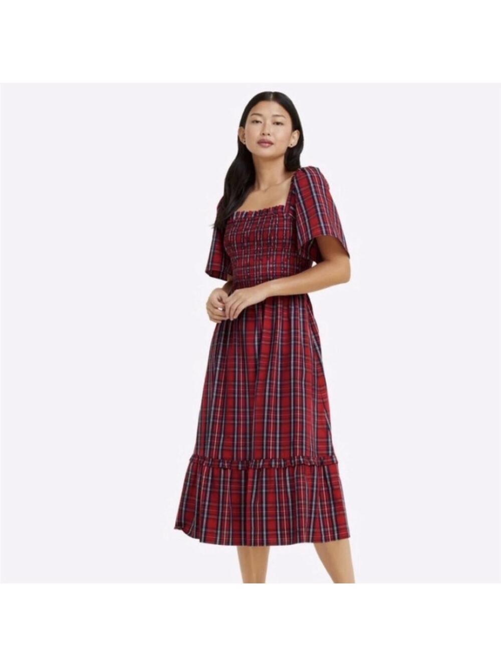 Smocked red plaid midi dress by Draper James